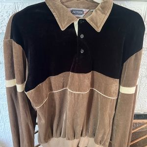 Action brown and black velour sweatshirt jumpsuit top mens vintage 80's